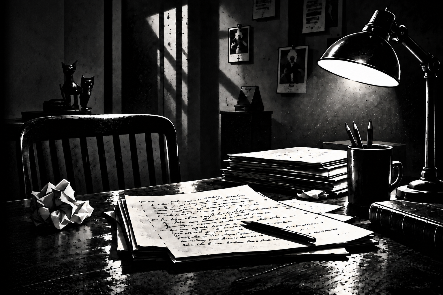 Mesa de escritura con manuscritos y lámpara, ilustración noir.
