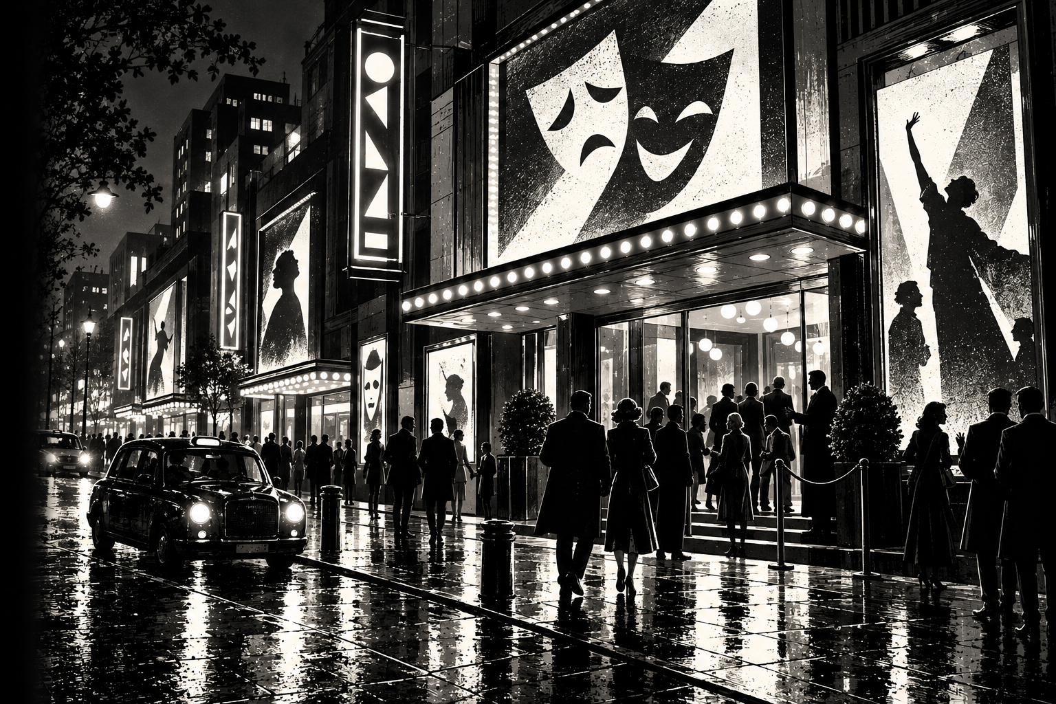 Calle contemporánea de teatros iluminada y llena de público, ilustración noir.