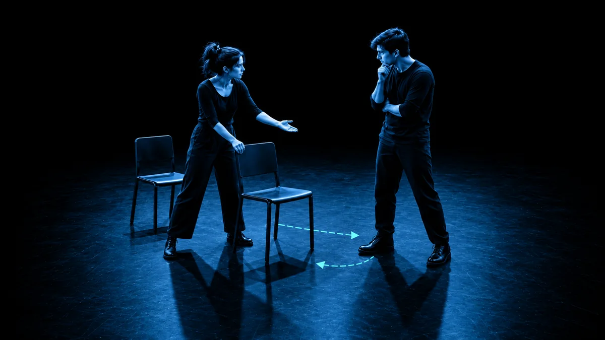 Lu ofrece una silla a Mael, que permanece de pie, en una escena de ensayo iluminada en azul.