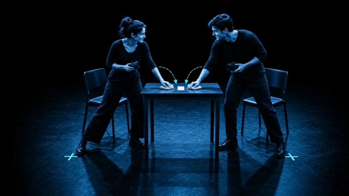 Dos intérpretes disputan quién paga una cuenta sobre una mesa, con flechas y marcas escénicas azules, para la escena «Yo invito»