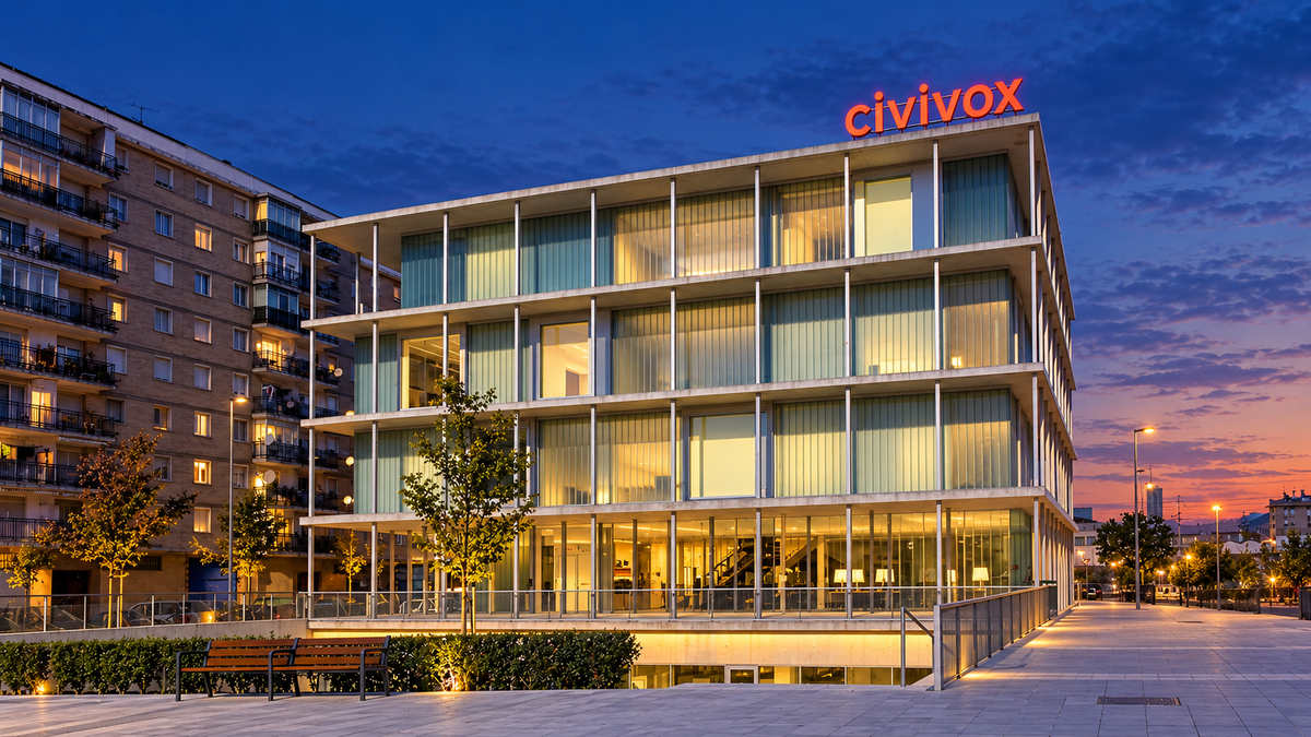 Exterior del Civivox San Jorge de Pamplona al anochecer, espacio de la representación de Estocolmo mon amour