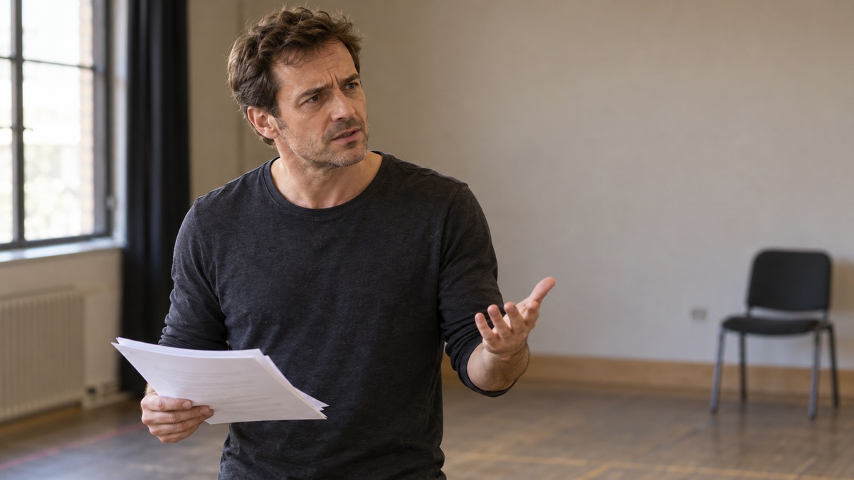 Actor ensayando un monólogo con unos folios y expresión de incredulidad en una sala de ensayo.